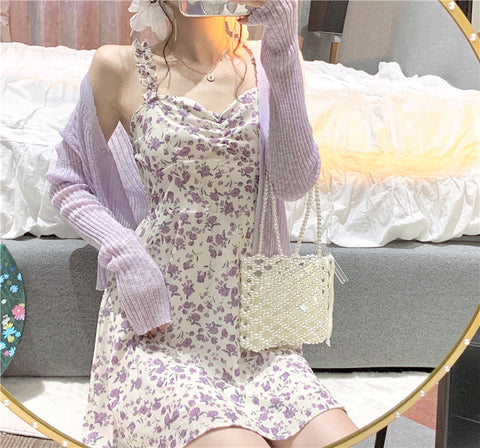 Sonicelife hoco dresses Floral Slip Dress Ladies Mini A-line Strap Dress  High Waist Ruched Purple Sundress For Women Spring  Clothing Robe Femme Fairy Dress