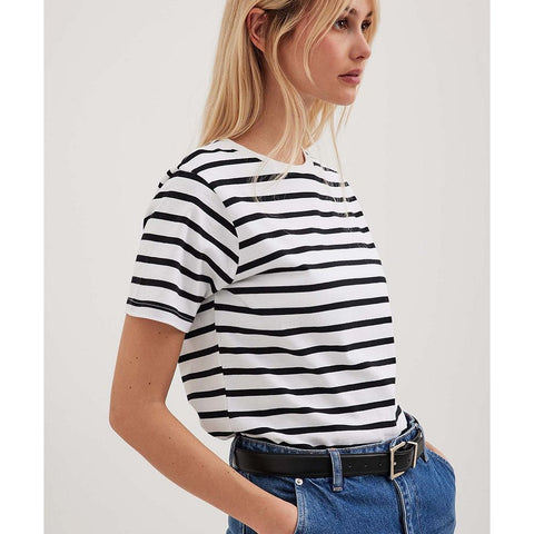 Sonicelife Early Autumn New Cross border European and American Versatile Simple Loose Cotton Round Neck Stripe Short Sleeve