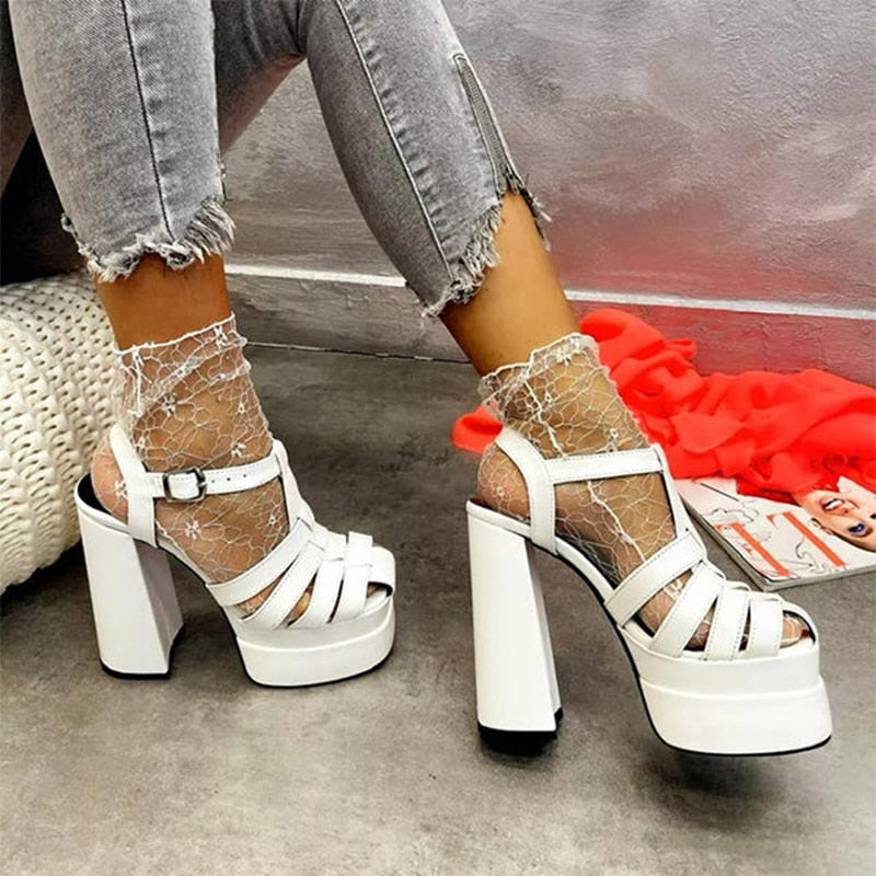 Sonicelife  Women Sandals Solid High Heels Buckle Ankle Strap Ladies Shoes Thick Heels Platform Fashion Female Pumps 2024 New Sandals