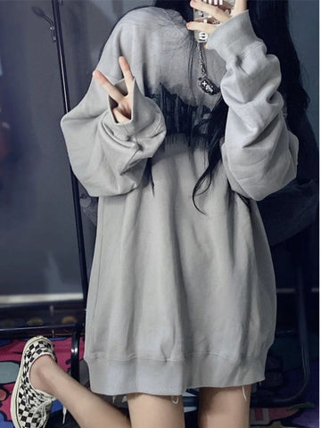 Sonicelife Y2K Vintage Letter Print Hoodies Women Harajuku Grunge Graphic Sweatshirts Loose Casual O-Neck All-Match Pullover Tops