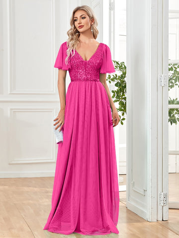 Sonicelife Elegant Sequins Evening Dress Elegant V-Neck A-line Ruffles Chiffon Robe Short Sleeves Formal Wedding Party Dresses