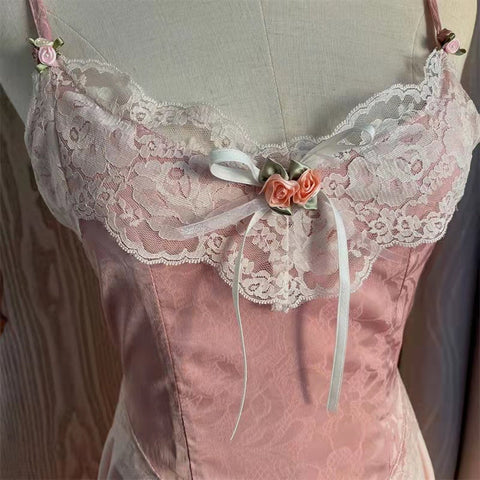 Sonicelife Floral Vintage Elegant Strap Dress Women Lace France Sexy Evening Party Long Dresses Pink Sweet Princess Fairy Dress Summer