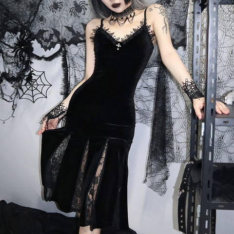 Sonicelife Halloween Y2K Elegant Black Velvet Party Dresses for Women Gothic Cross Lace Straps Maxi Robe Long Dresses Summer Bodycon Dresses
