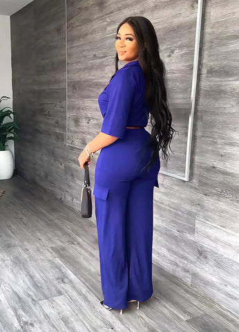 Sonicelife 2024 Autumn New Fall Outfits Elegant Women Set Half Sleeve Blouse And Straight Wide Leg Safari Pants Set Fashion Tracksuit Two Piece Set Outfits