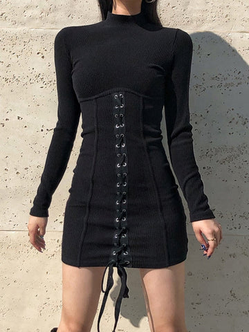 Sonicelife hoco dresses Harajuku Korean Style Turtleneck Corset Mini Dress (Black)
