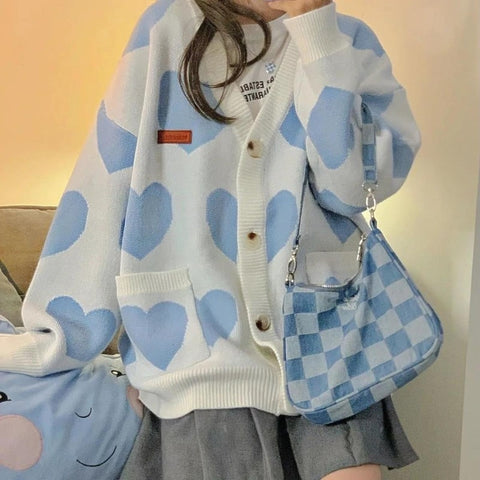 Black Friday Sonicelife Kawaii Korean Style Heart Print Blue Sweater Cardigan Women Cute Harajuku Preppy Fashion V-Neck Jumper Female  Tops