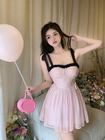 Sonicelife hoco dresses  New Summer Dress French Style Princess Straps Dress High Waist Thin Pink Sweet Short Fairy Dress Female Sundress Bestidos