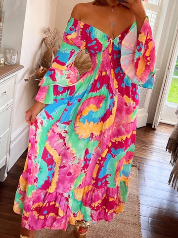 Sonicelife   Backless Flare Sleeve Boho Sundress Fashion Hollow Out A-Line Long Beach Dress Summer 2023 Women Maxi Print Cover-Ups Robe