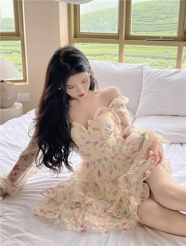 Sonicelife Kawaii Aesthetic Soft Girl Pastel Floral Sweetheart Neckline Dress