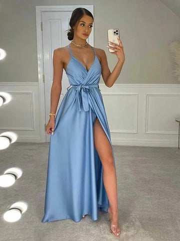 Sonicelife Sleeveless  Spaghetti Strap Maxi Floor Long Dress Women Satiin Belt Split Party Dress 2024 Summer New Arrival