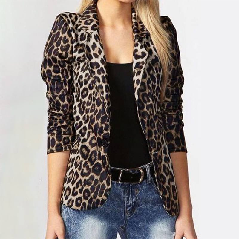 Sonicelife  Spring Autumn Leopard Blazers Office Lady Coat 2023 Notched Long Sleeves Single Button Women Casual Suit Blazer Jackets