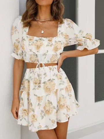 Sonicelife hoco dresses 2024 New  Retro Floral Print Women Summer Boho Dress Set Suits Vintage Blouse Two Pieces Matching Sets White Beach Mini Dress