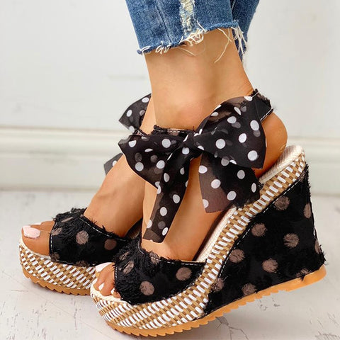 Sonicelife  Women Sandals Dot Bowknot Design Platform Wedge Female Casual High Increas Shoes Ladies Fashion Ankle Strap Open Toe Sandals