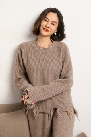 Sonicelife 2024 Autumn and Winter Women's New Irregular Raw Edge Round Neck Short Tassel Cashmere Sweater