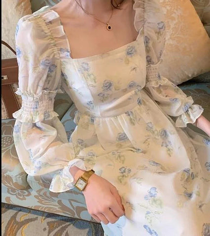 Sonicelife   Korea One Piece Dress Fairy Floral Midi Dress Women Puff Sleeve Elegant Vintage Dress Female Party Dress Office Lady Summer