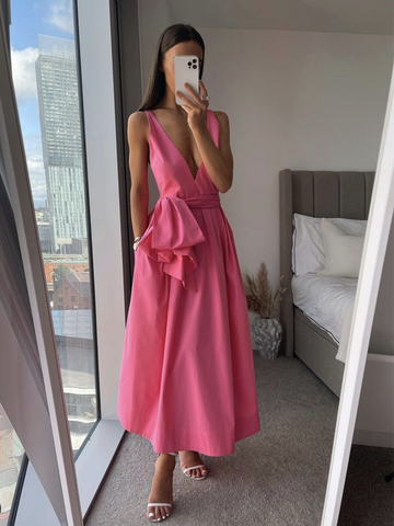Back to school outfit Sonicelife summer dresses for women 2022  Woman Sweet Pink V Neck Dress Summer Casual Backless Beach Long Dresses Ladies Cute Bow Sleeveless Dress