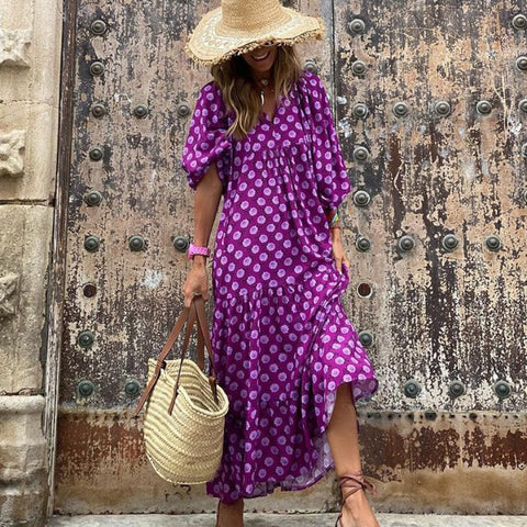 Sonicelife  Lantern Sleeve Printing Long Dresses Women Summer Fashion V Neck Ankle-length Geometric Collage Dress Loose Boho Beach Dresses