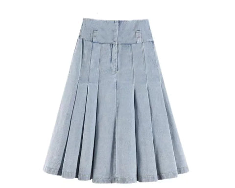 Sonicelife   Pleated Denim Skirt Women Korean Fashion Vintage High Waist Knee-Length A-line Midi Skirt Casual Y2k Streetwear Autumn