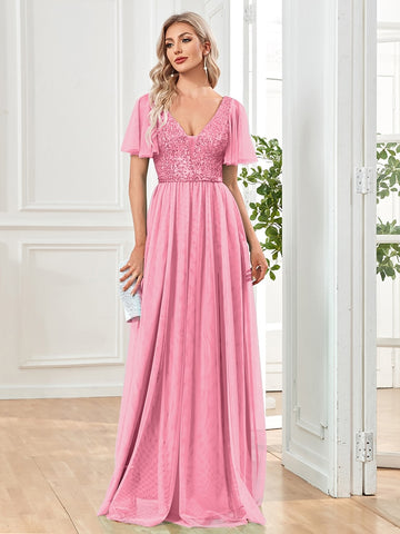 Sonicelife Elegant Sequins Evening Dress Elegant V-Neck A-line Ruffles Chiffon Robe Short Sleeves Formal Wedding Party Dresses