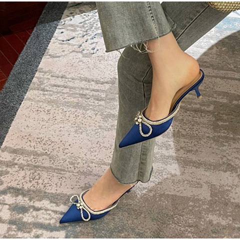 Sonicelife Rhinestones Bowknot Sandals For Women  Buckle Strap Ladies High Heel Pumps Pointed Toe Silk Fashion 2023 Female Shoes Summer