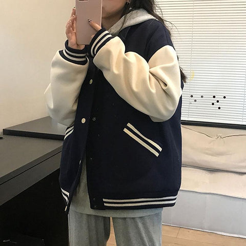 Sonicelife Autumn Women Baseball Jacket Harajuku Casual Loose Pocket Printed Korean Oversize Bomber Sweatshirt Uniform Streetwear Tops