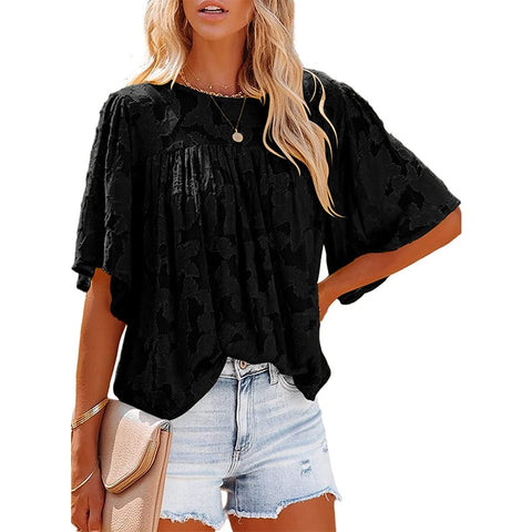 Sonicelife  2024 Women Floral Chiffon Blouses O Neck Flare Short Sleeves Hollow Loose Casual Solid Tops Pullover Office Lady Blouse