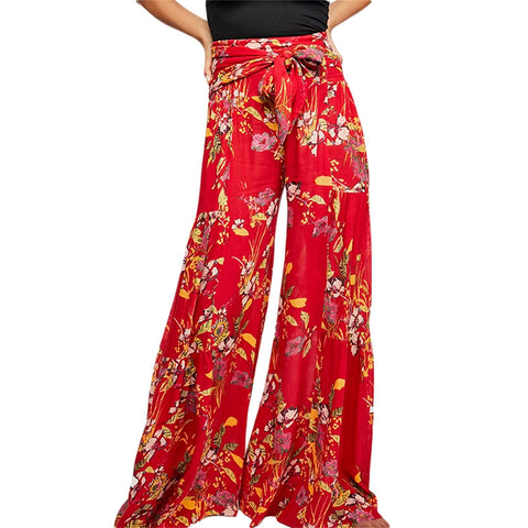 Sonicelife 2024 Women Fashion Floral Printed Pants High Waist Casual Loose Flared Wide Leg Straight Printing Holioday Beach Trousers