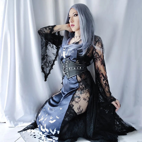 Sonicelife Halloween Gothic Punk Mesh Cardigan Women Streetwear Altgoth See Through Long Sleeve Long  Chiffon Shirt Outfit Female