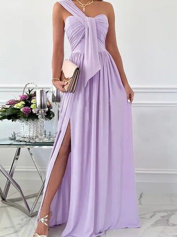 Sonicelife  Elegant Fairy Slim  Slit Solid Sundress 2023 Women Pleated Maxi Beach Dress Fashion One-Shoulder Strap Draped Cover-Ups Robe