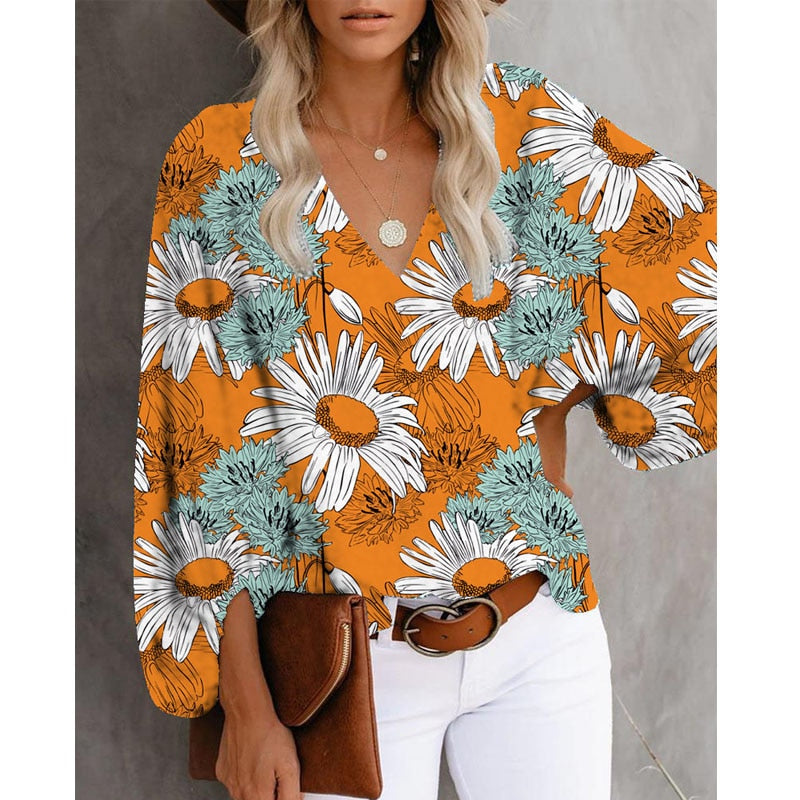 Sonicelife  2024 Women Floral Print Blouse V Neck Lantern Long Sleeve Brown Leopard Office Lady Casual Tops Sun Flower Loose Blouses
