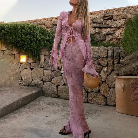 Sonicelife Early Autumn New European and American Perspective Lace Print Top High Waist Lace Print Long Dress Chiffon Set