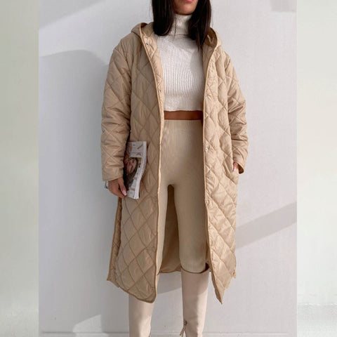 Sonicelife  autumn  winter 2024 hooded rhombus cotton jacket women's autumn and winter coat new casual all-match waist long cotton coat women