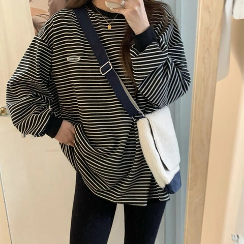 Black Friday Sonicelife Women Oversize T-Shirts Striped Retro Comfort Slouchy Long Sleeve Tees Students Boyfriend Couple Trendy Females Tops