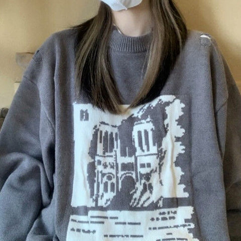 Sonicelife  Grunge Gothic Streetwear Printed Oversize Sweater Women Punk Harajuku Vintage Grey Jumper Female Pullover Mall Goth Top