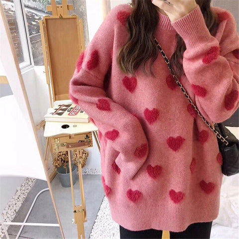Sonicelife  Korean Style Heart Print Knitted Sweater Women Kawaii Pink Oversize Creweck Long Sleeve Jumper Causal Pullover Tops