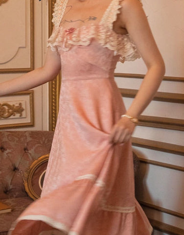 Sonicelife  Pink Elegant Elegant Party Midi Dresses Women Lace France Vintage Strap Fairy Dress Flower Retro Korean Style Dress Summer