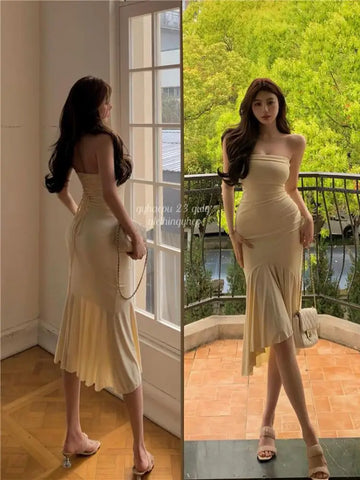 Sonicelife   Summer Aesthetic Midi Dress Women Strapless Fishbone Bandage Irregular Dress Party Club Sexy Elegant Dresses Backless Solid