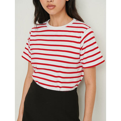 Sonicelife Early Autumn New Cross border European and American Versatile Simple Loose Cotton Round Neck Stripe Short Sleeve