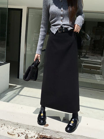 Sonicelife   Woolen Long Skirt Women Korean Style High Waist Straight Office Lady Elegant Vintage Warm Midi Skirt with Slit Winter
