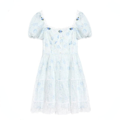 Sonicelife hoco dresses   Floral Lace Korean Sweet Dress Women France Vintage Elegant Party Mini Dresses Female Print Casual Beach Boho Fairy Dress Summer