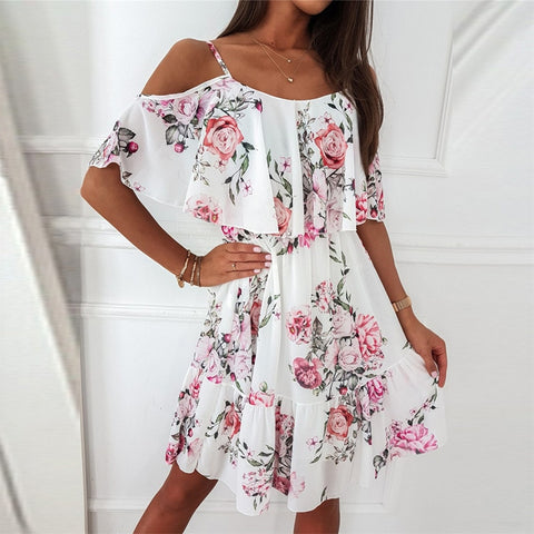 Sonicelife Back to school outfit Sonicelife  Woman  Strap Floral Print Dress 2023 Summer Fashion Off Shoulder Party Mini Dresses Ladies Casual Boho Beach Dress Vestidos