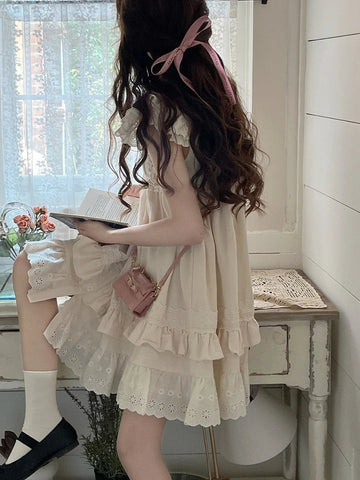 Sonicelife hoco dresses  Summer Lolita Kawaii Mini Dress Women Flying Sleeve Japanese Sweet Cute Dress Female Korean Style Ruched Fairy Dress New