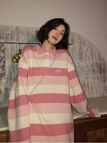 Sonicelife  Pink Striped Tshirts Women Harajuku Korean Fashion Oversize Long Sleeve T Shirts Kawaii Preppy Style Basic Tees