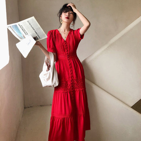 Sonicelie 2023 Early Autumn Dress Women Cotton Patchwork Lace Dresses V-Neck Lantern Sleeve Maxi Dress Beach Long Female Vestidos