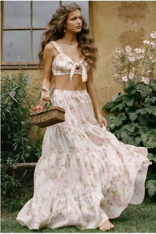 Sonicelife   Indie Folk Bohemian Vintage Floral Print Camisole Tanl And High Waist Midi SkirtsTops Sets Women