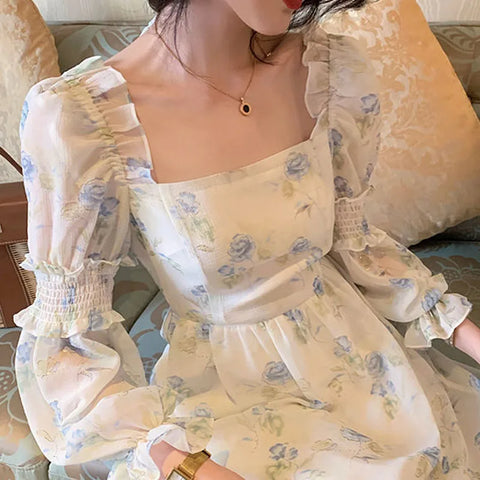 Sonicelife   Korea One Piece Dress Fairy Floral Midi Dress Women Puff Sleeve Elegant Vintage Dress Female Party Dress Office Lady Summer