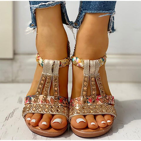 Sonicelife Women's Sandals Summer Bohemia Platform Wedges Shoes Crystal Gladiator Rome Woman Beach Shoes Casual Elastic Band Female