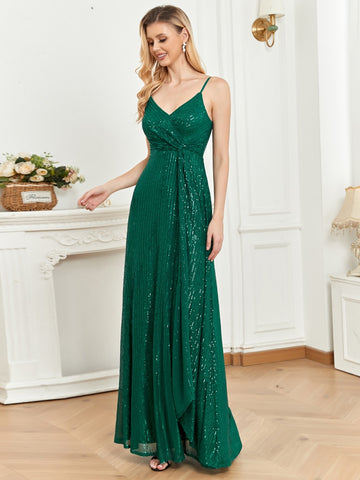 Sonicelife Elegant Green Sequins V Neck Evening Dress Guest Wedding Party Maxi Formal Dress 2024 Women Long Prom Cocktail Dress