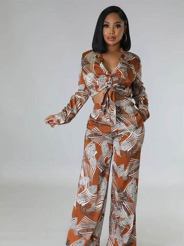 Sonicelife 2024 Autumn New Fall Outfits Fashion Printed Pants Two Piece Set For Women Lapel Long Sleeve Lace-up Shirt Top Loose Pant Suit Casual Lady Outfit