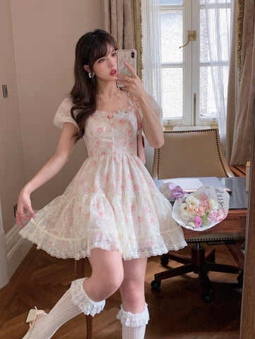 Sonicelife hoco dresses   Floral Lace Korean Sweet Dress Women France Vintage Elegant Party Mini Dresses Female Print Casual Beach Boho Fairy Dress Summer